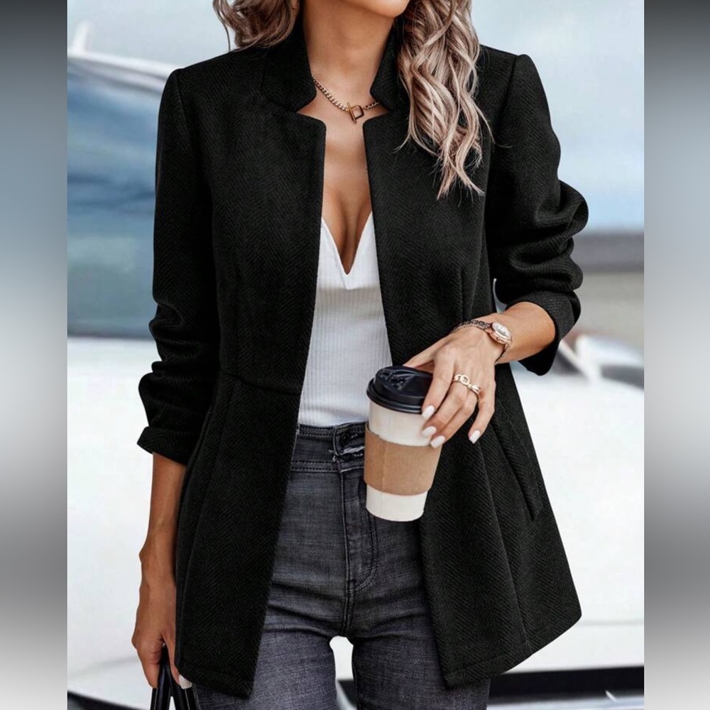 Classic Herringbone Open Front Blazer Jacket Coat